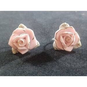 Vintage Japan Rose Shaped Glass Clip On Earrings Pink Golden Trim Green